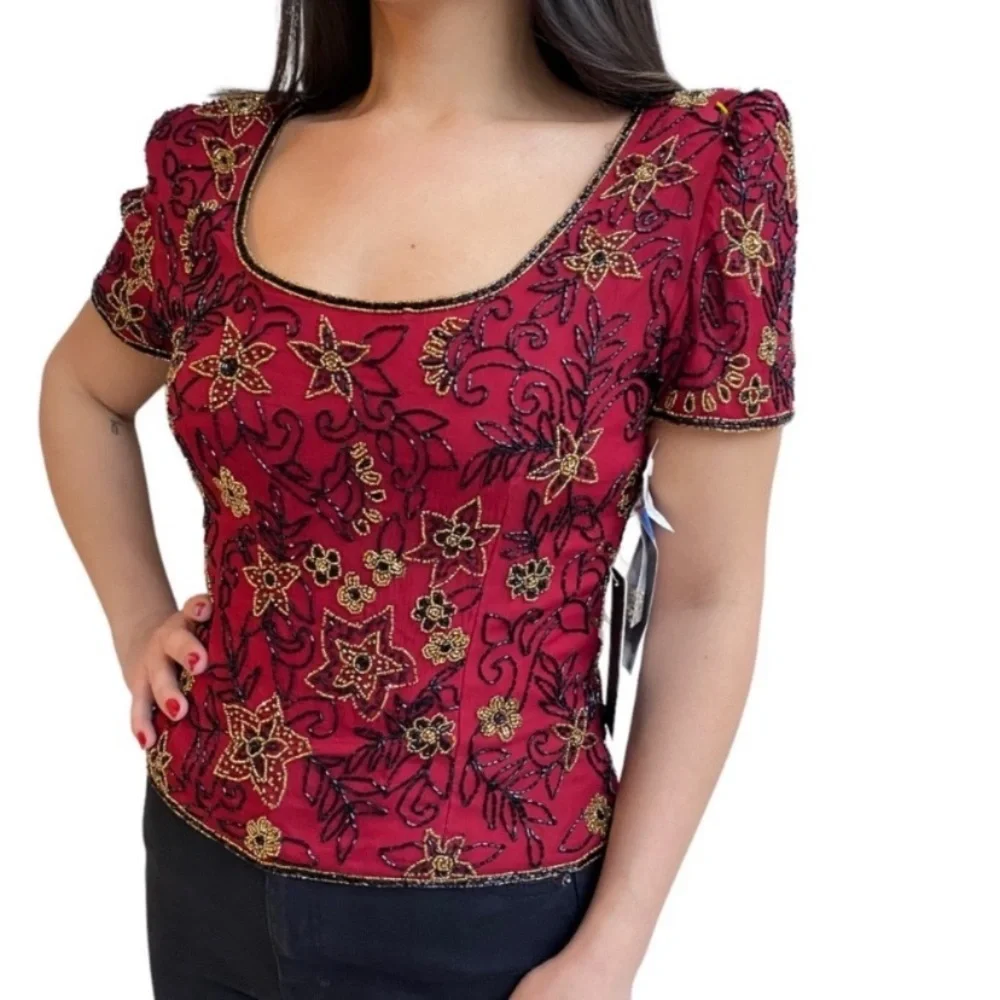 Papell Boutique Silk Beaded Short Sleeve Blouse - Picture 3 of 7